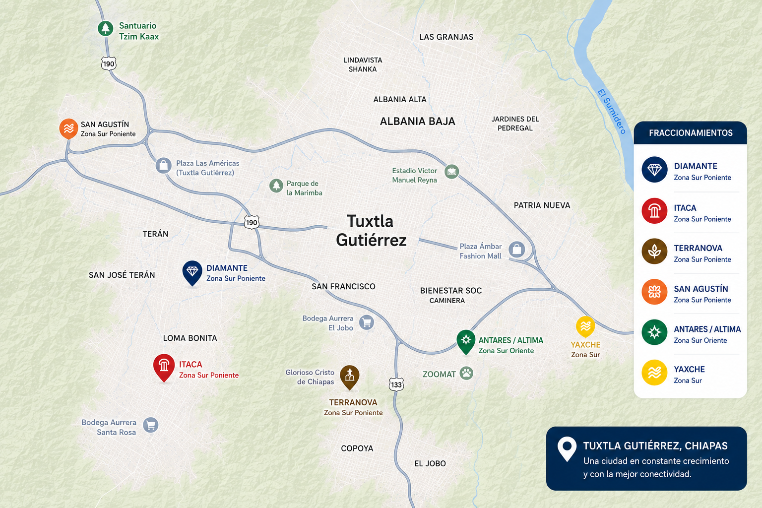 Mapa de Tuxtla Gutiérrez con nuestros fraccionamientos